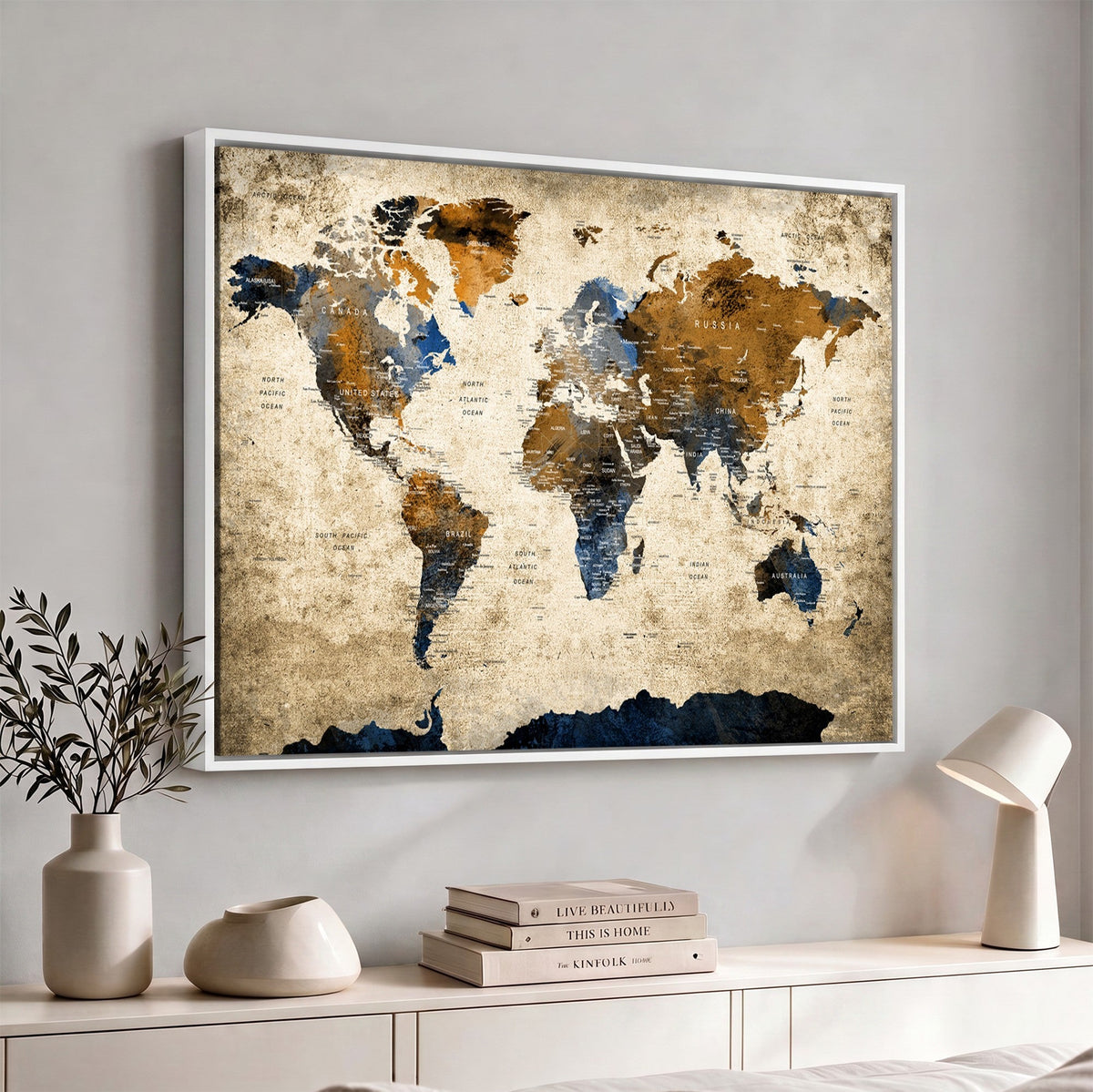 World Map Wall Art | Antique Style Blue and Brown Map Canvas Print