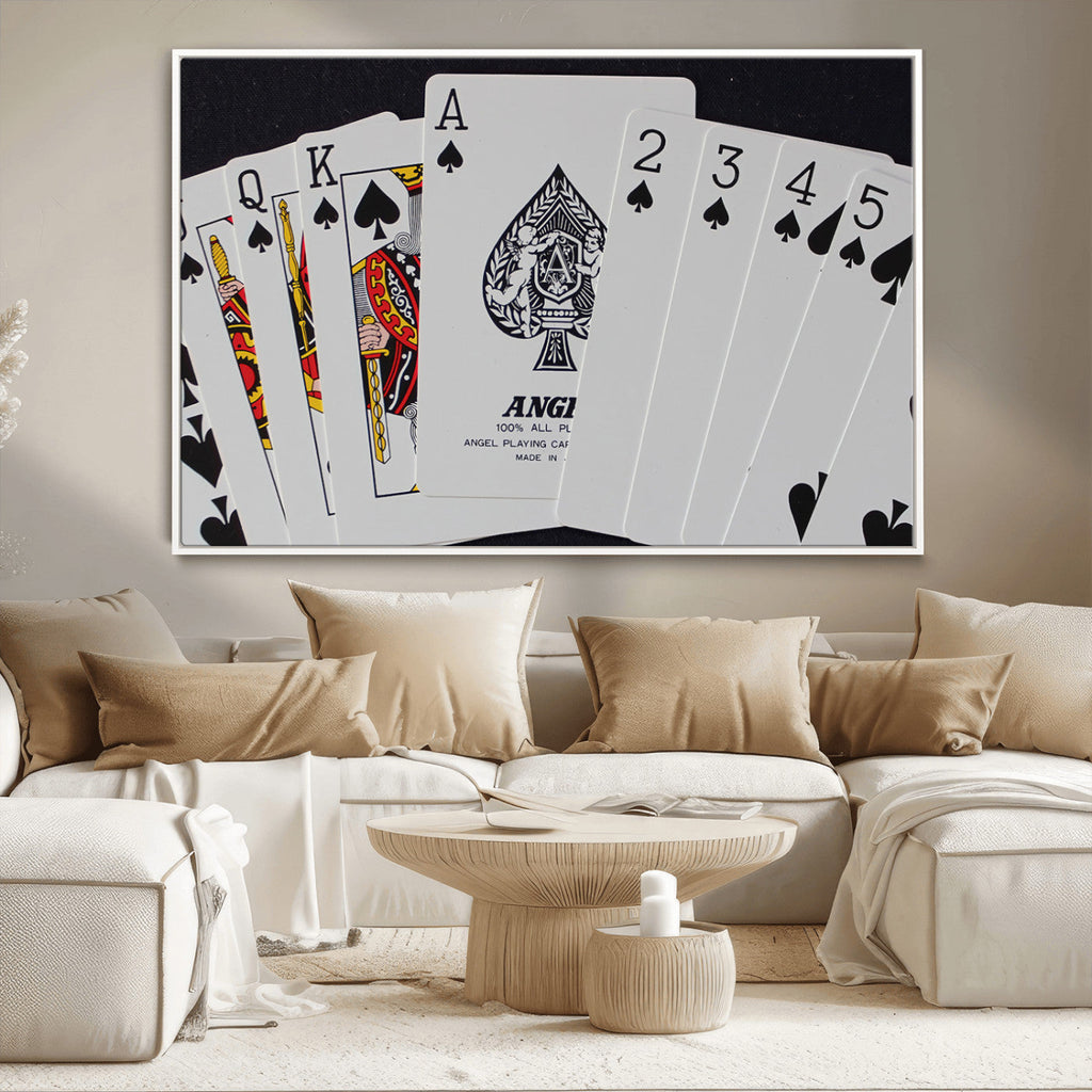 Poker Wall Art - Playing Cards Canvas Wall Art Print - Ace of Spades and Royal Flush Design