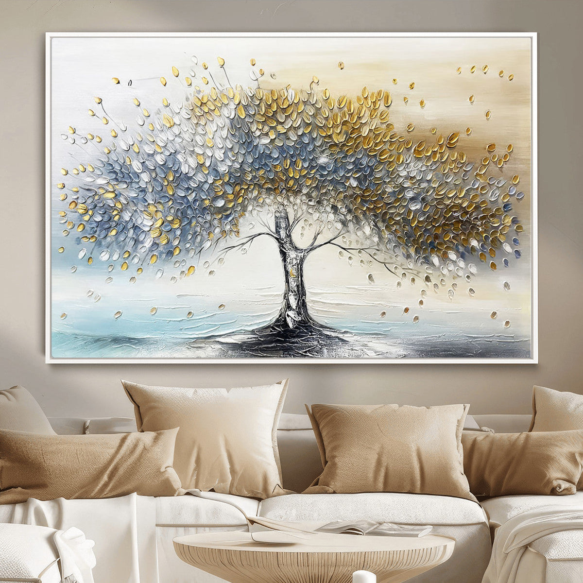 Golden and Silver Tree Wall Art | Framed Elegant Leaves Canvas