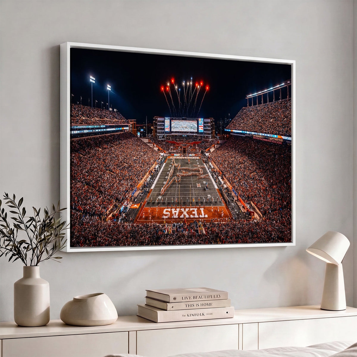 Texas Stadium Night Game Wall Art Canvas Print, Vibrant Football Fireworks Scene