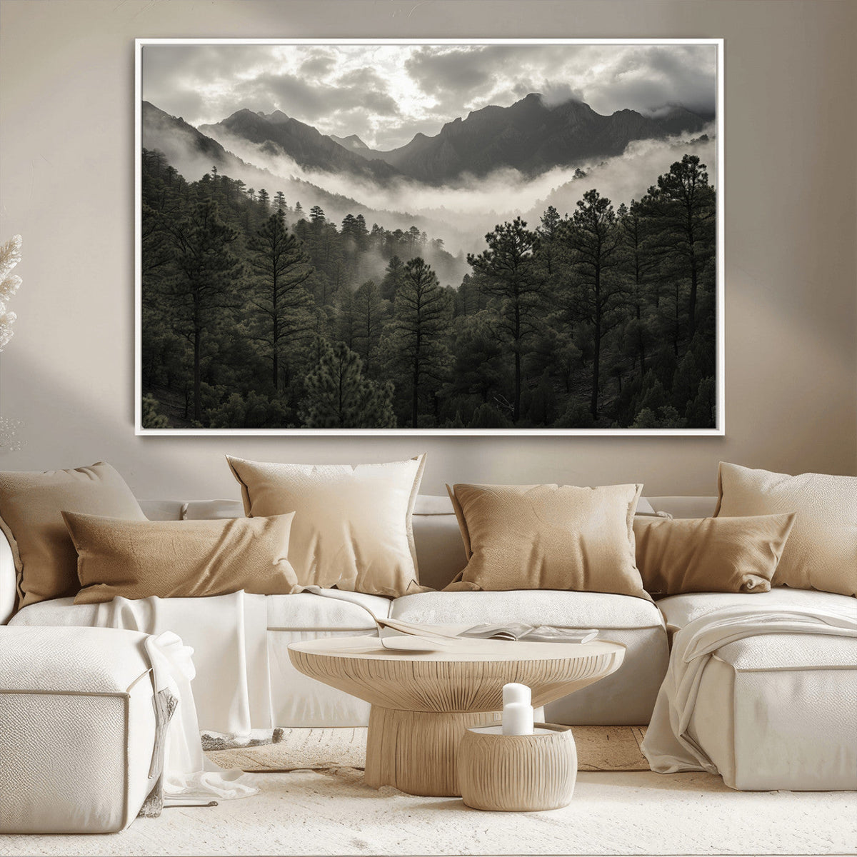 Moody Forest Wall Art | Framed Mountain Fog Canvas Artwork