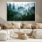 Misty Forest Wall Art Canvas Print, Framed Foggy Mountain Art, Large Scenic Woodland Canvas
