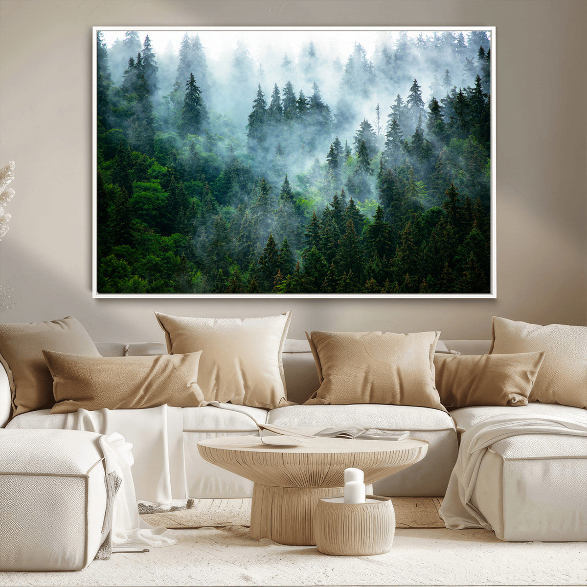 Misty Forest Wall Art Canvas Print, Framed Foggy Mountain Art, Large Scenic Woodland Canvas