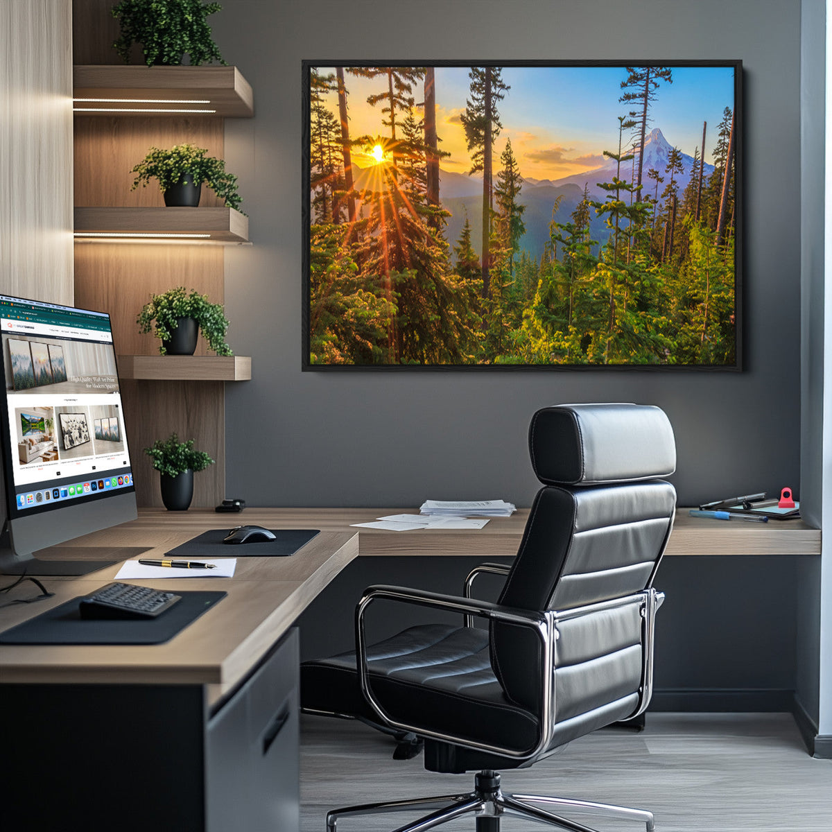 Forest Sunset Wall Art Canvas Print | Green Pines in Golden Light