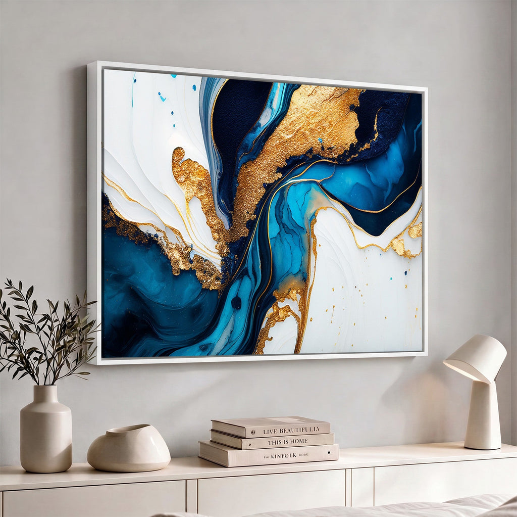 Gold Blue Abstract Canvas Print, Elegant Navy and Gold Marble Flow