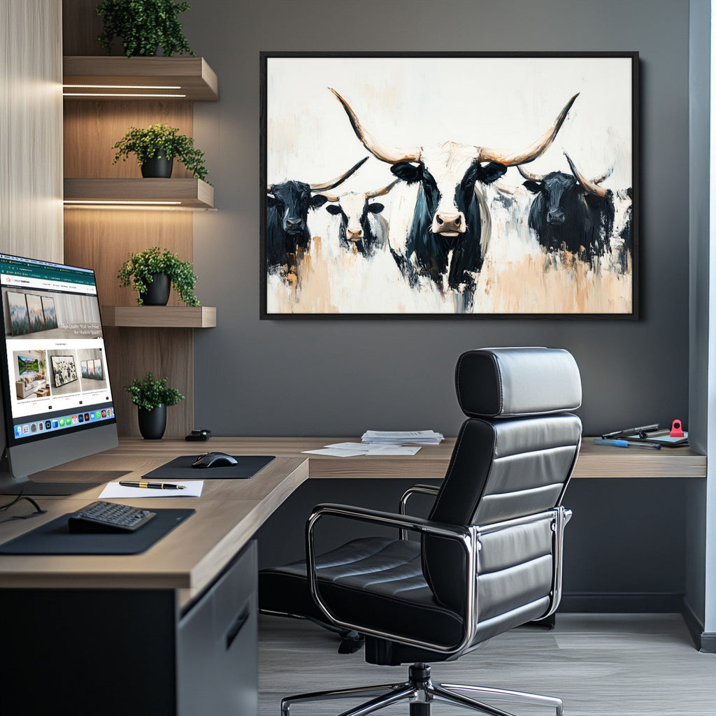 Texas Longhorn Wall Art Canvas Print | Majestic Horned Bull in Black and White