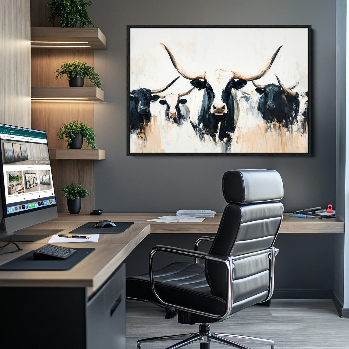 Texas Longhorn Wall Art Canvas Print | Majestic Horned Bull in Black and White