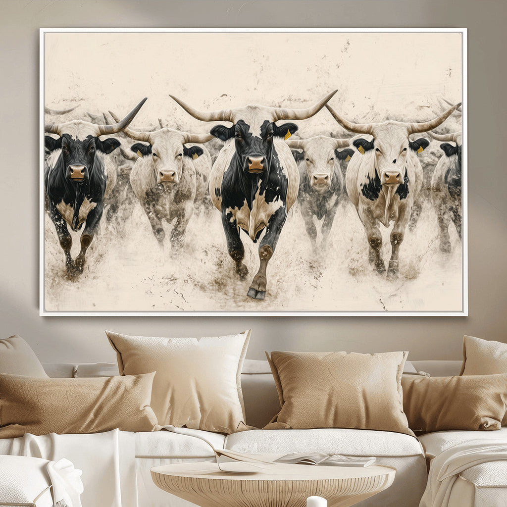 Texas Longhorn Wall Art | Framed Cattle Walking Canvas