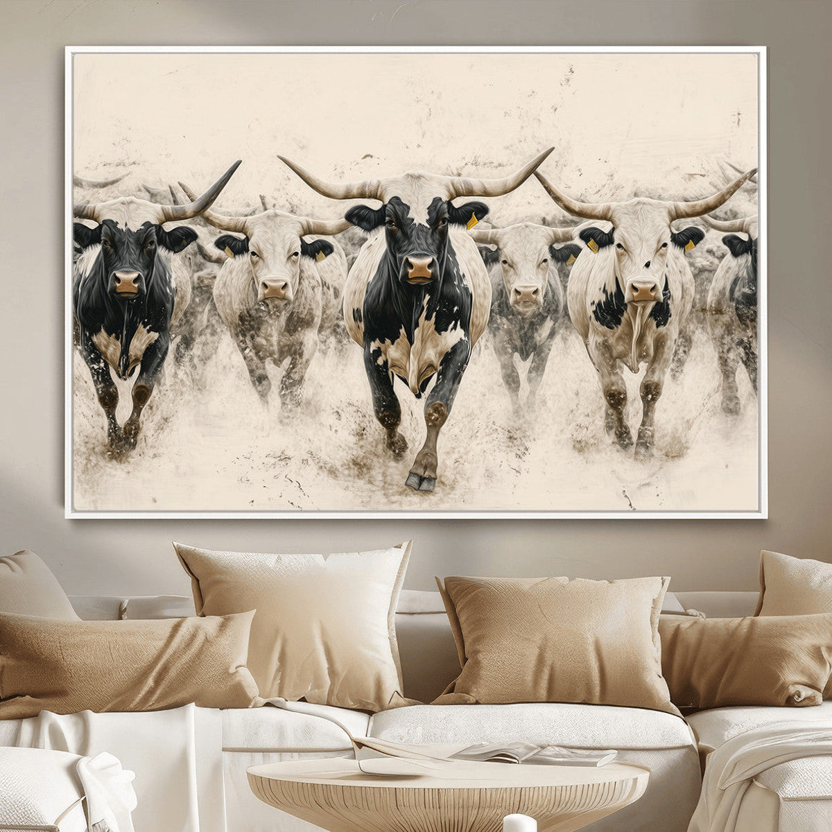 Texas Longhorn Wall Art | Framed Cattle Walking Canvas