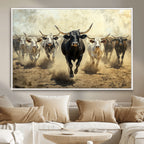Texas Longhorn Wall Art | Framed Charging Cattle Canvas