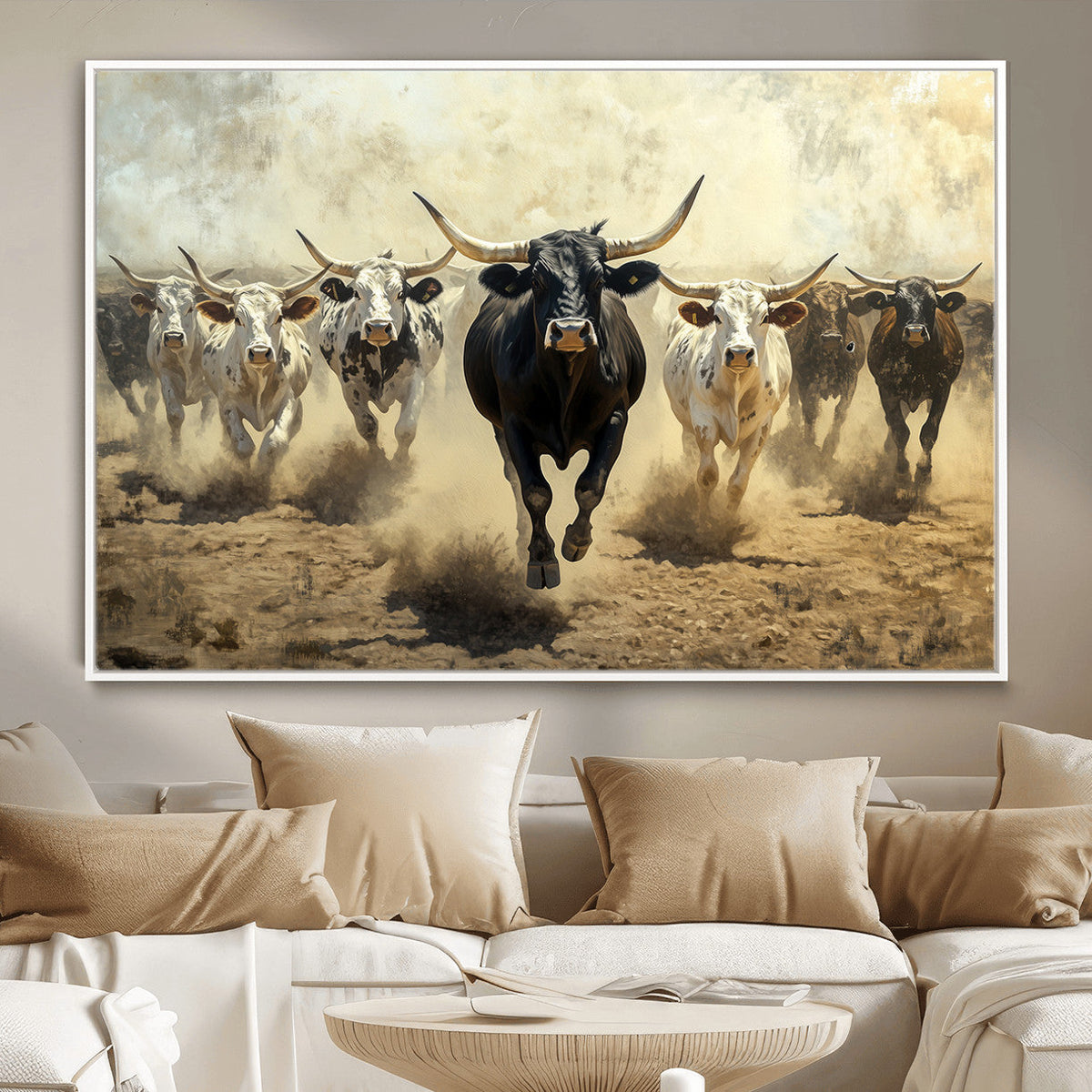 Texas Longhorn Wall Art | Framed Charging Cattle Canvas