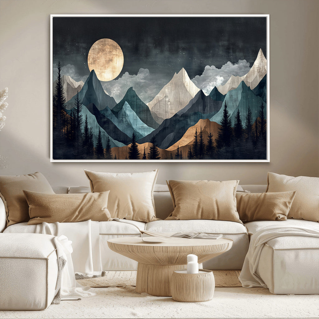 Moonlit Mountain Wall Art Canvas Print, Framed Silhouetted Pines Art, Layered Peaks Rustic Decor