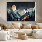 Moonlit Mountain Wall Art Canvas Print, Framed Silhouetted Pines Art, Layered Peaks Rustic Decor