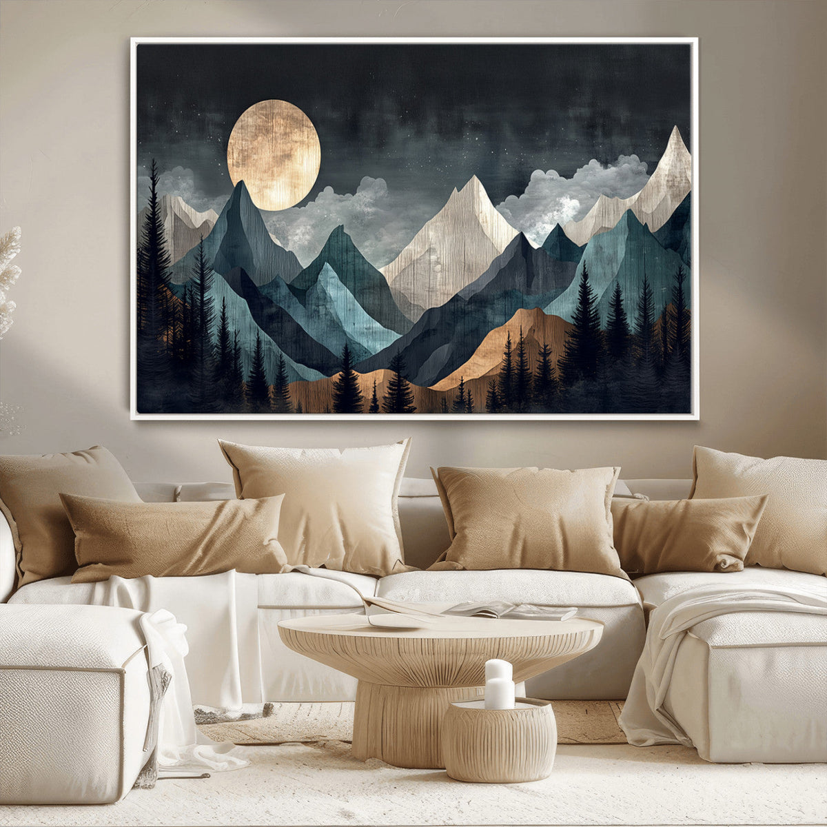 Moonlit Mountain Wall Art Canvas Print, Framed Silhouetted Pines Art, Layered Peaks Rustic Decor