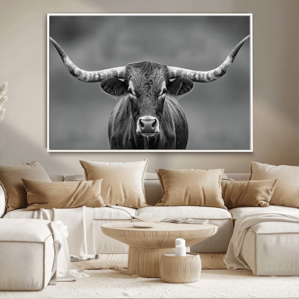 Texas Longhorn Wall Art Canvas Print, Framed Western Bull Photography, Rustic Log Cabin Decor
