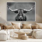 Texas Longhorn Wall Art Canvas Print, Framed Western Bull Photography, Rustic Log Cabin Decor