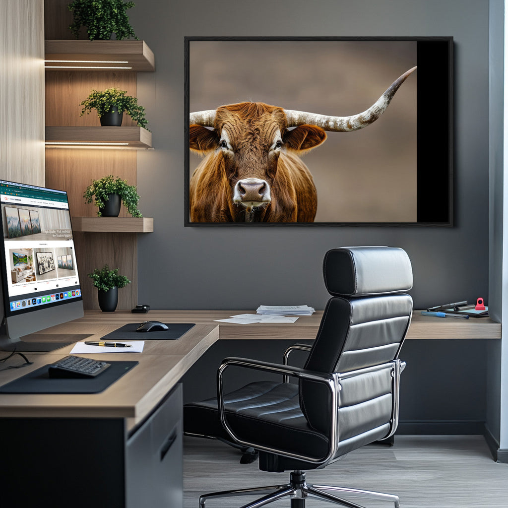 Texas Longhorn Wall Art Canvas Print | Rustic Brown Bull Western Decor