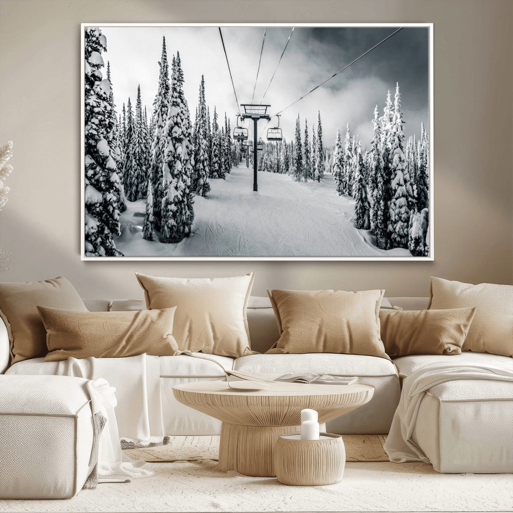 Snowy Pines Wall Art Canvas Print | Ski Lift in a Winter Forest