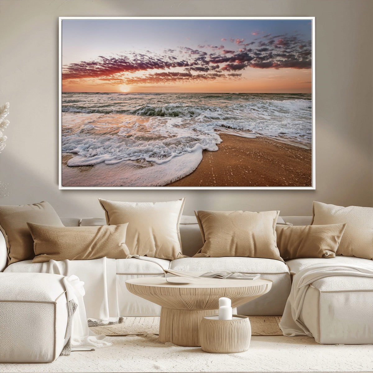 Ocean Sunset Wall Art Canvas Print | Sandy Shore and Gentle Waves