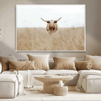 Texas Longhorn Wall Art Canvas Print, Framed Lone Cattle and Longhorn Bull Scene