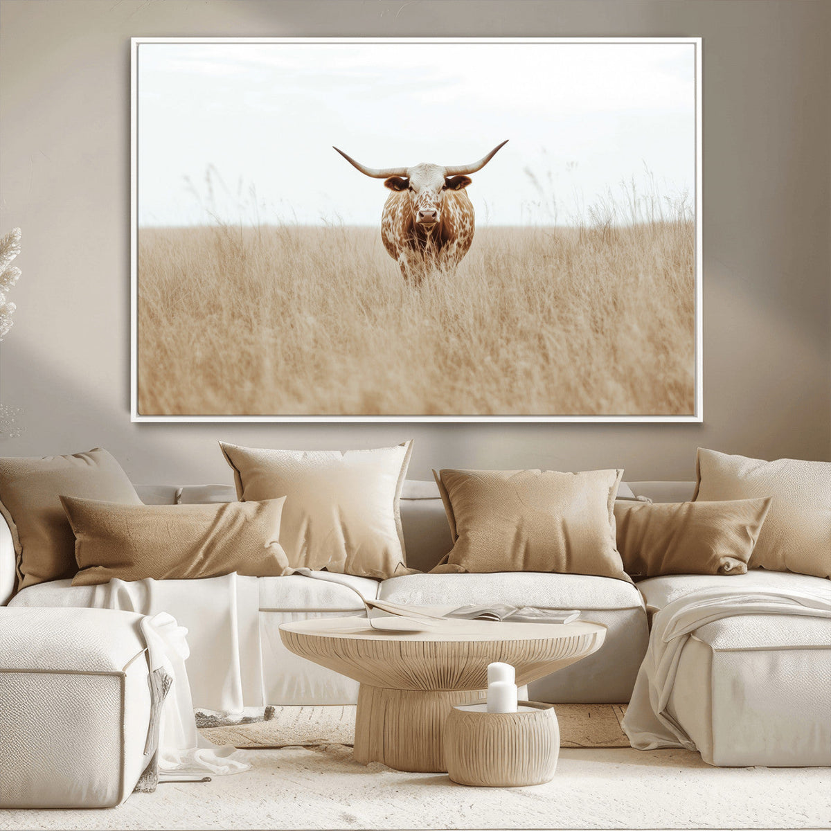 Texas Longhorn Wall Art Canvas Print, Framed Lone Cattle and Longhorn Bull Scene