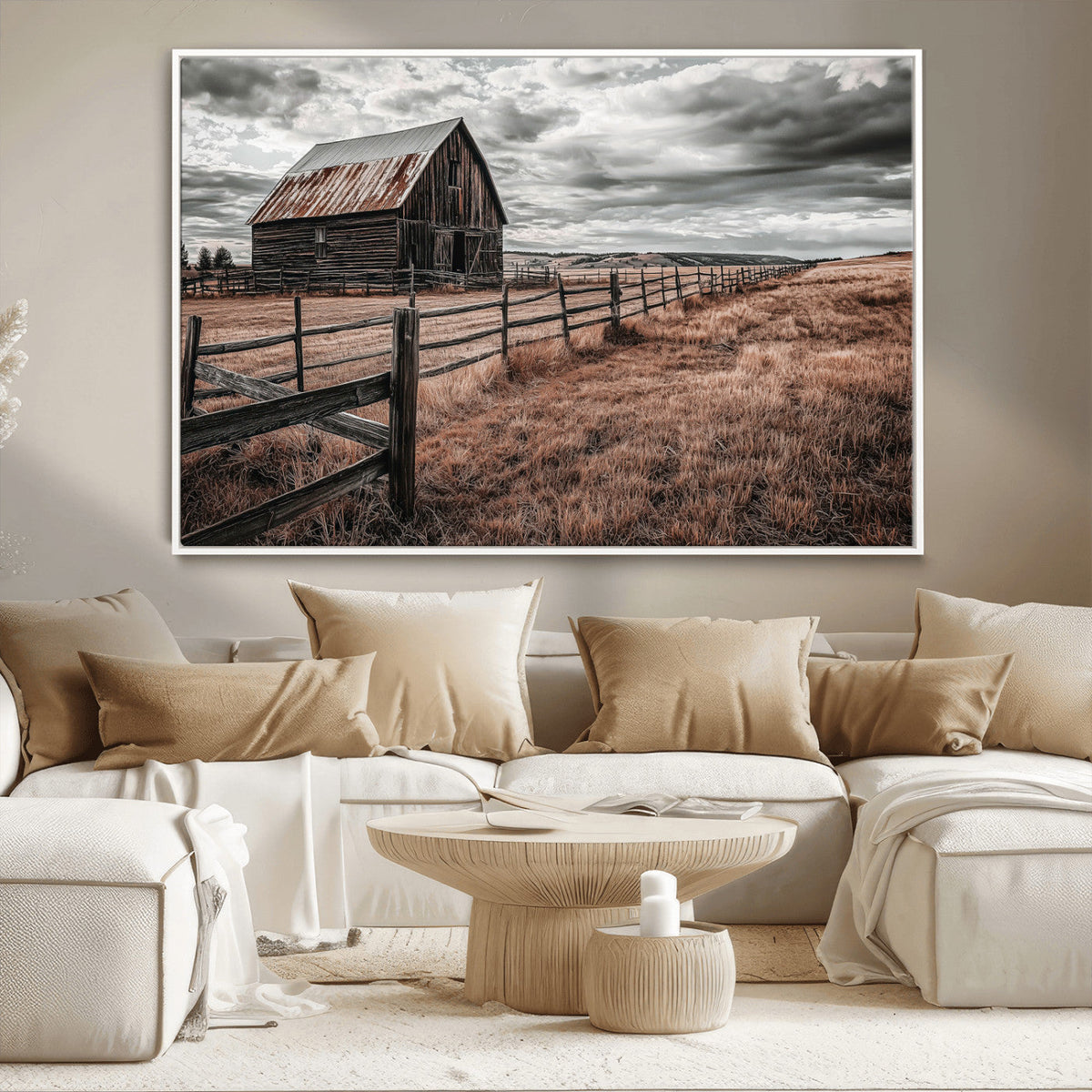 Rustic Barn Wall Art Canvas Print, Framed Moody Field Scene