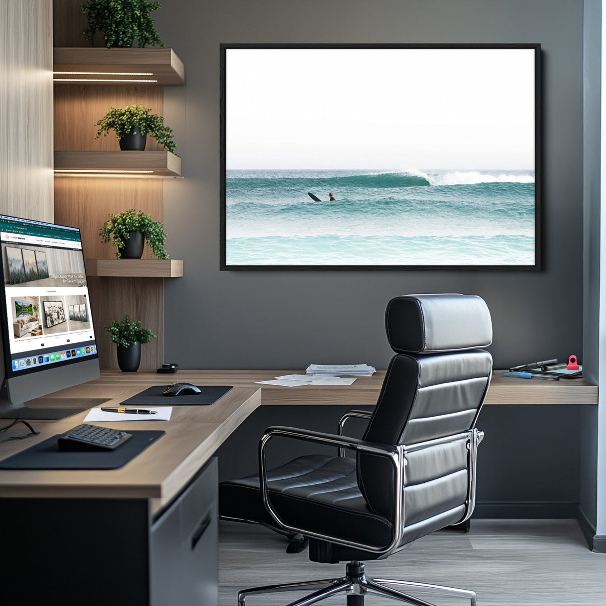 Surfing Wall Art Canvas Print, Framed Minimalist Ocean Waves Beach Art