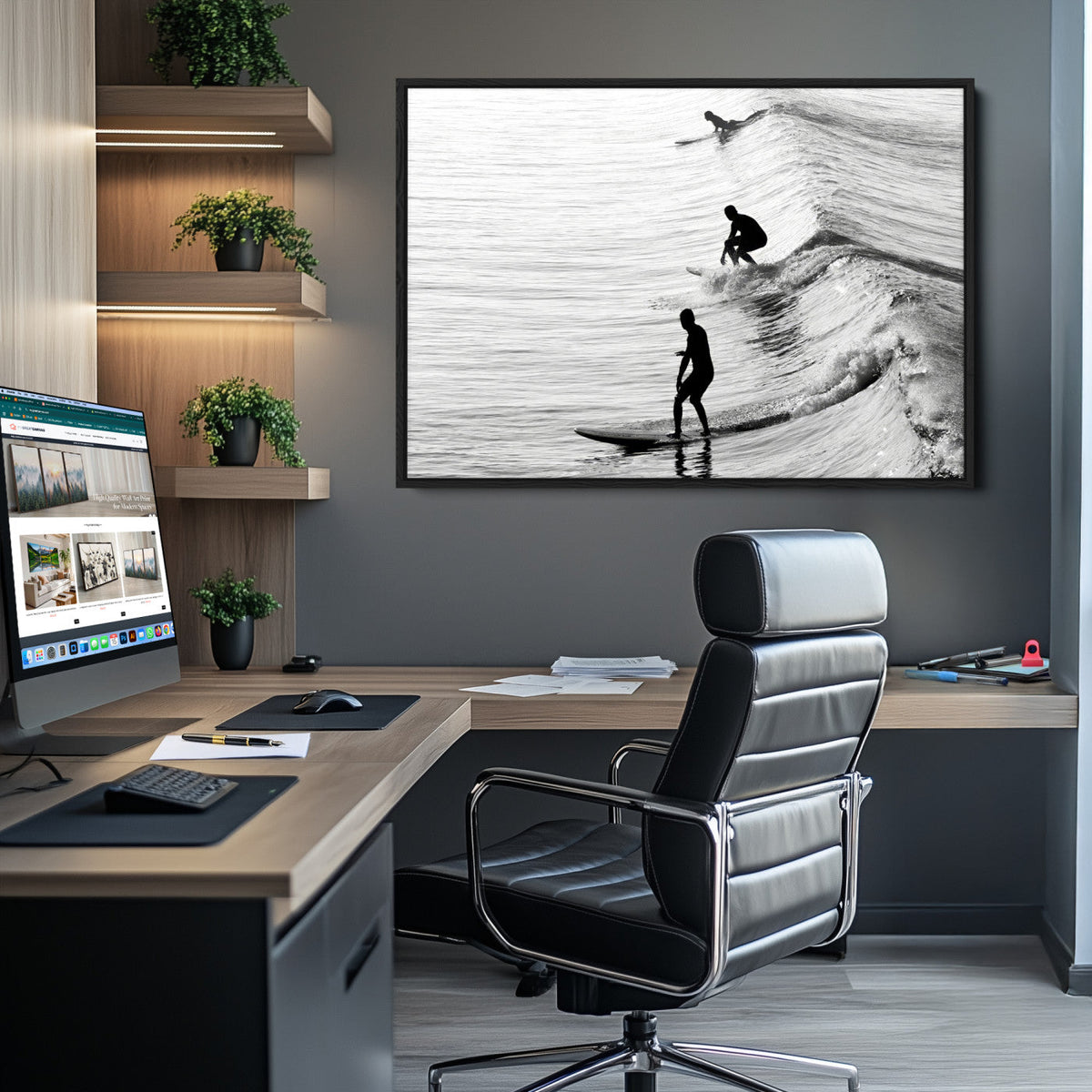Surfers on Waves Wall Art Canvas Print | Framed Black and White Surf