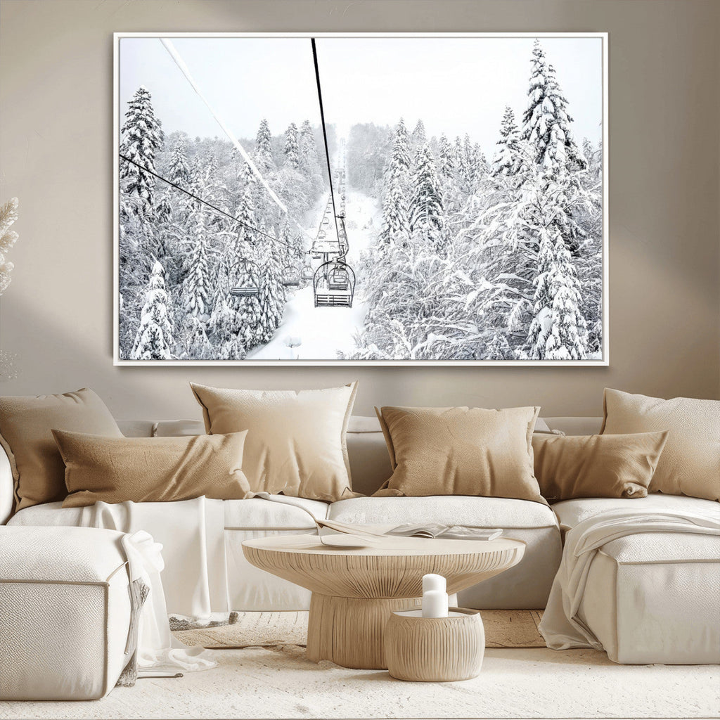 Snowy Ski Lift Wall Art | Framed Winter Mountain Canvas