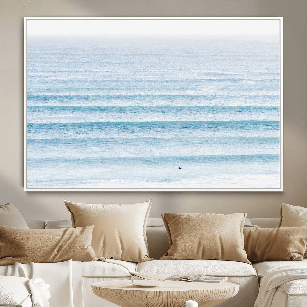 Ocean Wave Surfer Wall Art | Framed Minimal Seascape Canvas