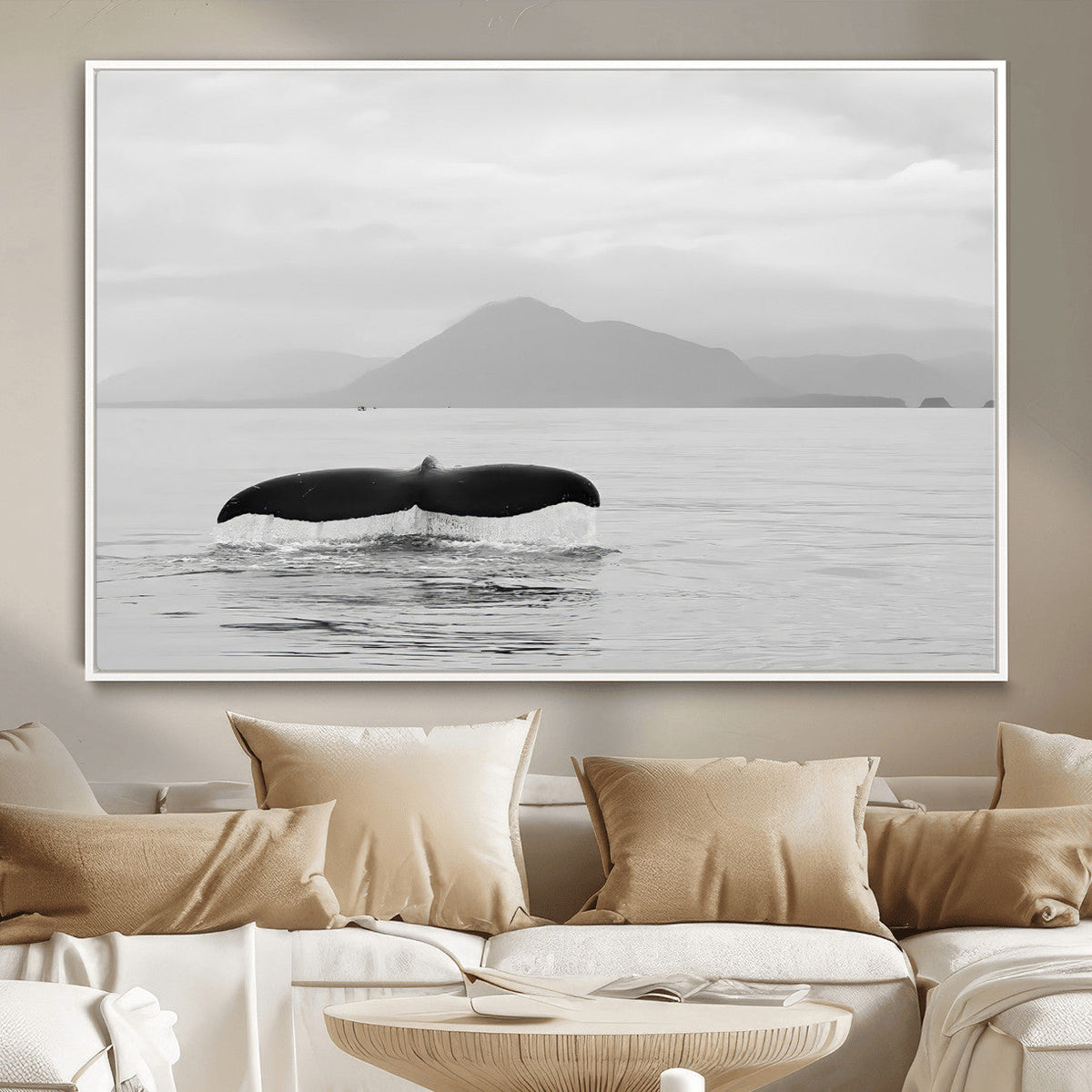 Whale Tail Wall Art | Framed Black White Ocean Canvas