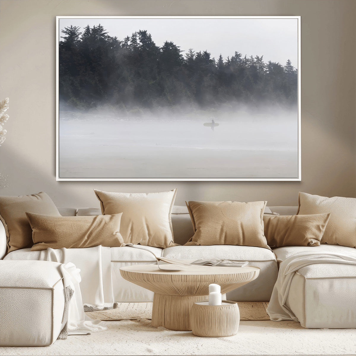 Surfer Fog Wall Art Canvas Print, Framed Foggy Beach and Coastal Surf Scene
