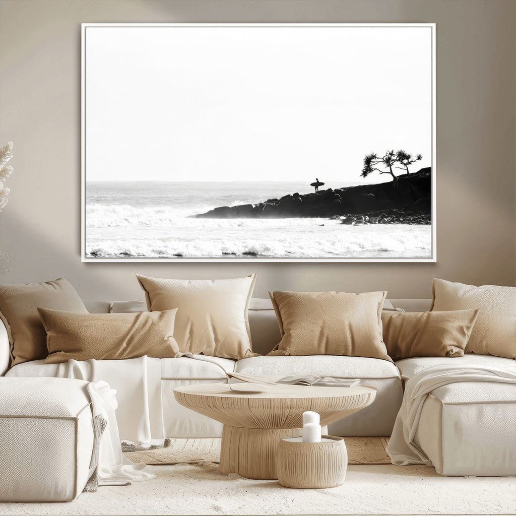 Surfer Cliffs Wall Art Canvas Print, Framed Black White Beach and Ocean Waves