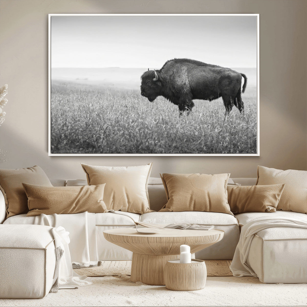 Bison Wall Art Canvas Print, Framed Rustic Wildlife Scene with Wild Buffalo
