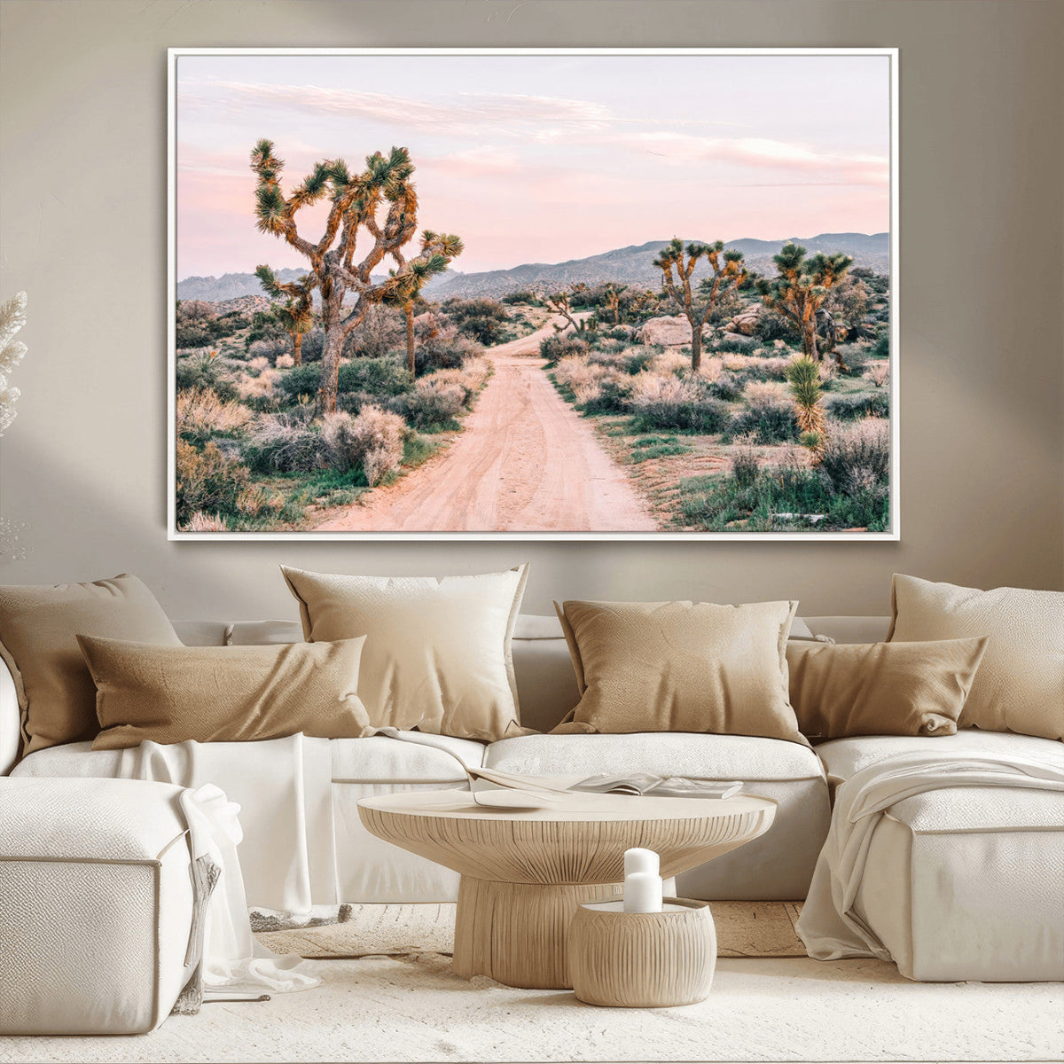 Joshua Tree Wall Art Canvas Print, Framed Desert Road Scene at Sunset