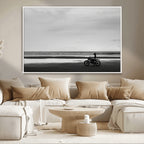 Motorcycle Beach Wall Art Canvas Print, Framed Vintage Motorcycle and Biker Silhouette