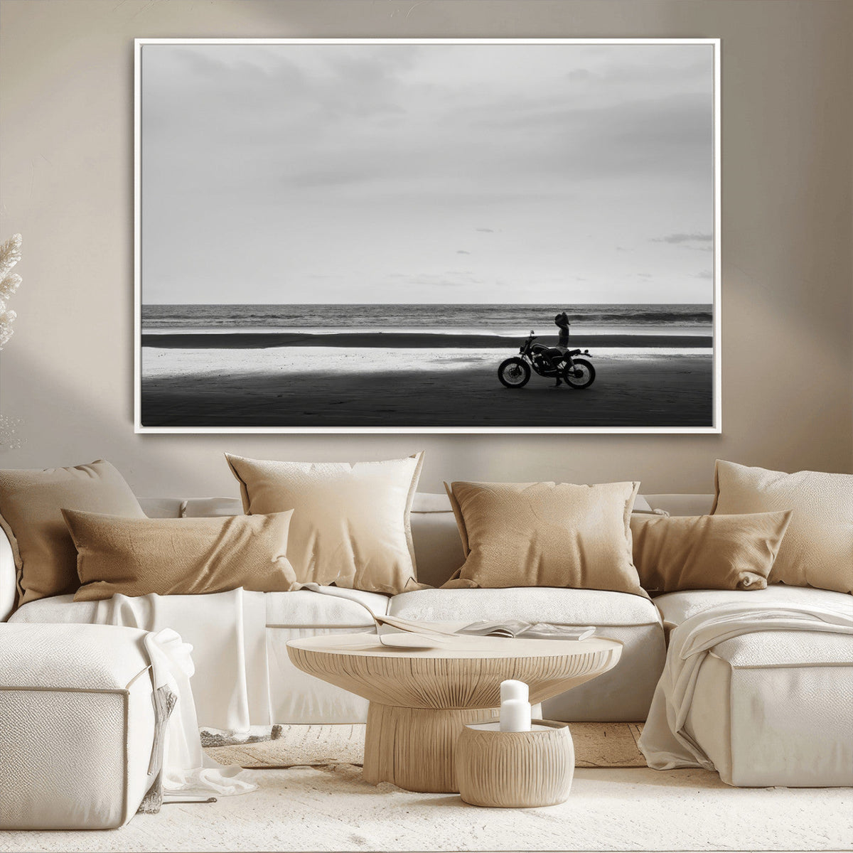 Motorcycle Beach Wall Art Canvas Print, Framed Vintage Motorcycle and Biker Silhouette