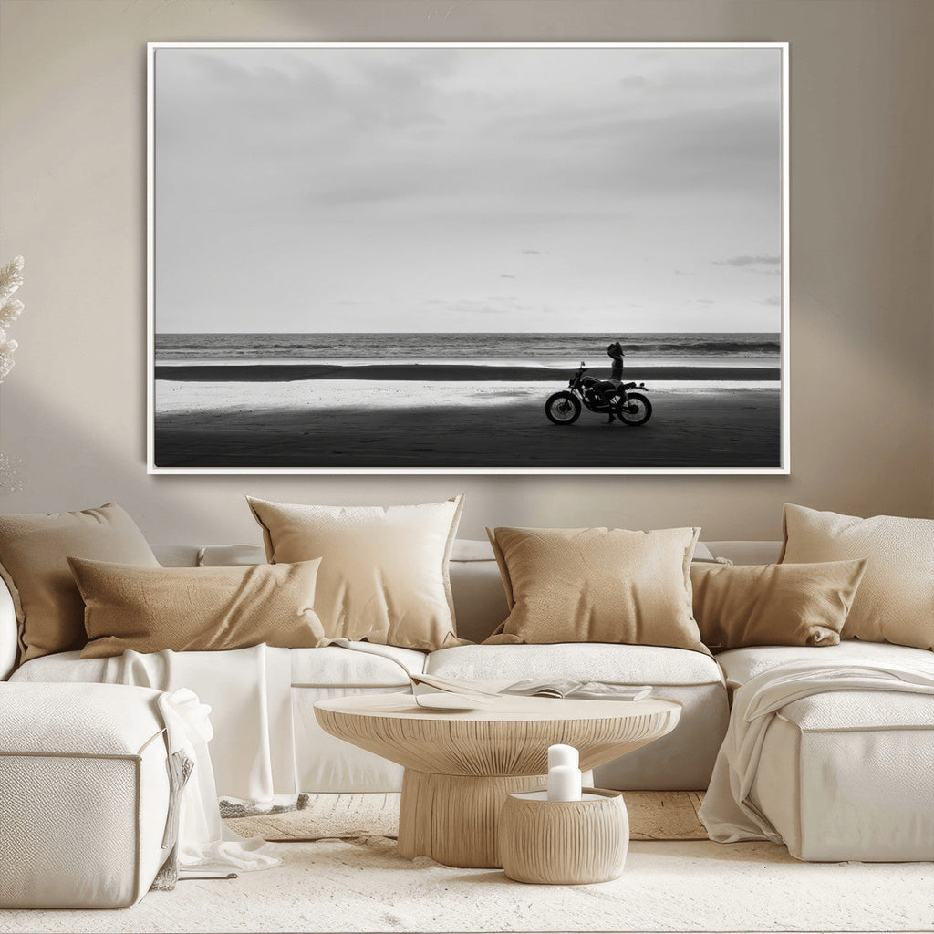 Motorcycle Beach Wall Art Canvas Print, Framed Vintage Biker Silhouette Artwork
