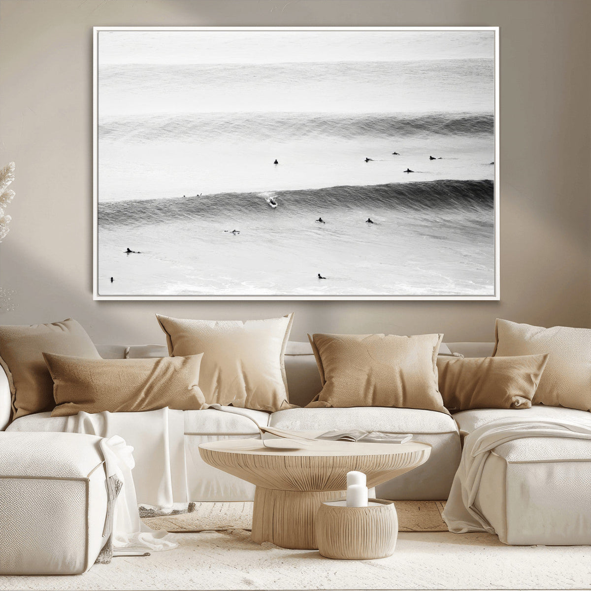 Black White Ocean Wall Art Canvas Print, Framed Coastal Sport and Ocean Swimmers Scene