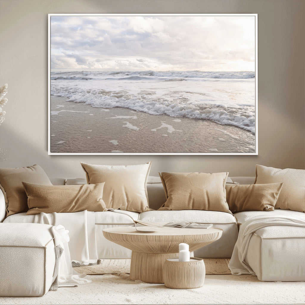 Ocean Waves Wall Art Canvas Print, Framed Coastal Shoreline Sea Foam Artwork