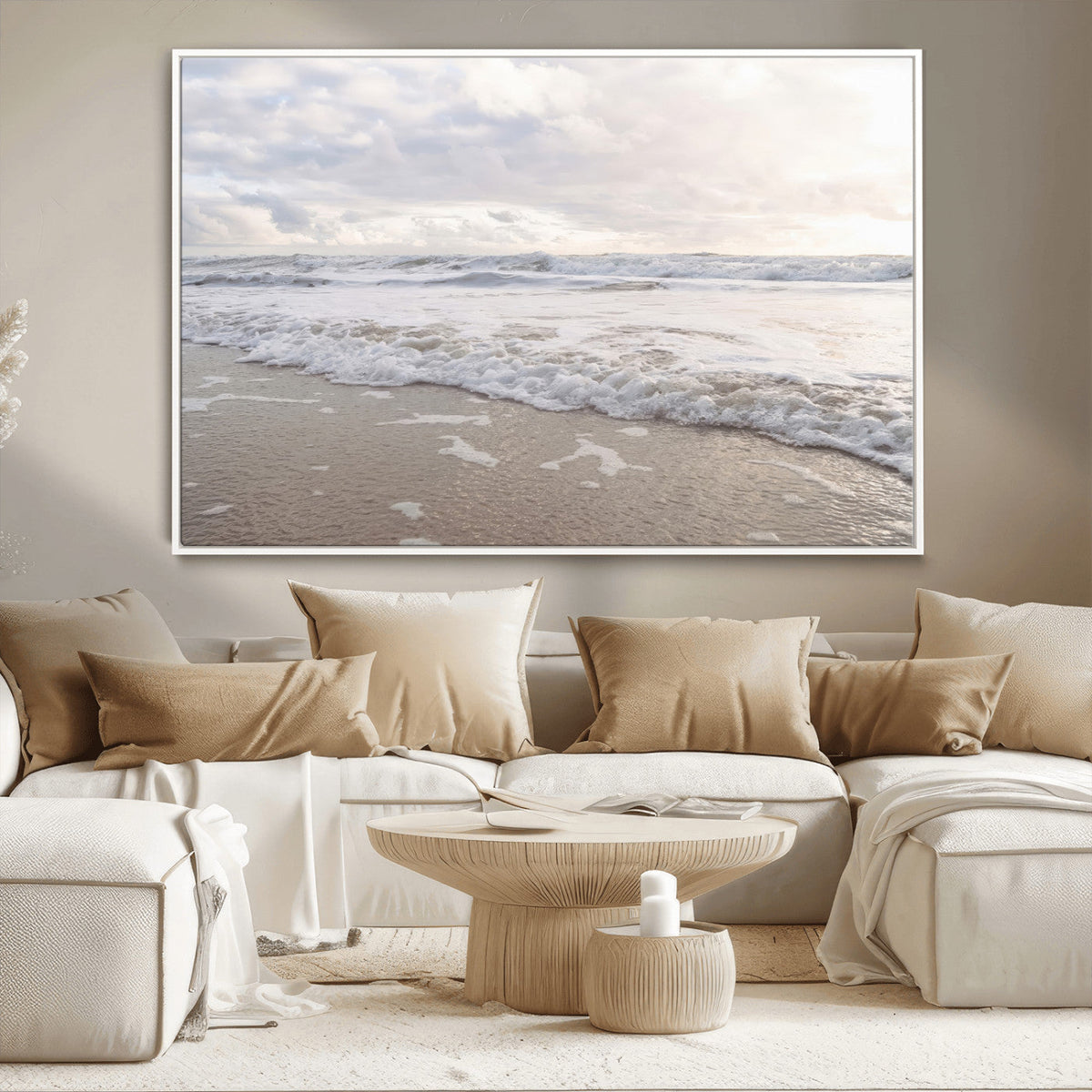 Ocean Waves Wall Art Canvas Print, Framed Coastal Shoreline Sea Foam Artwork