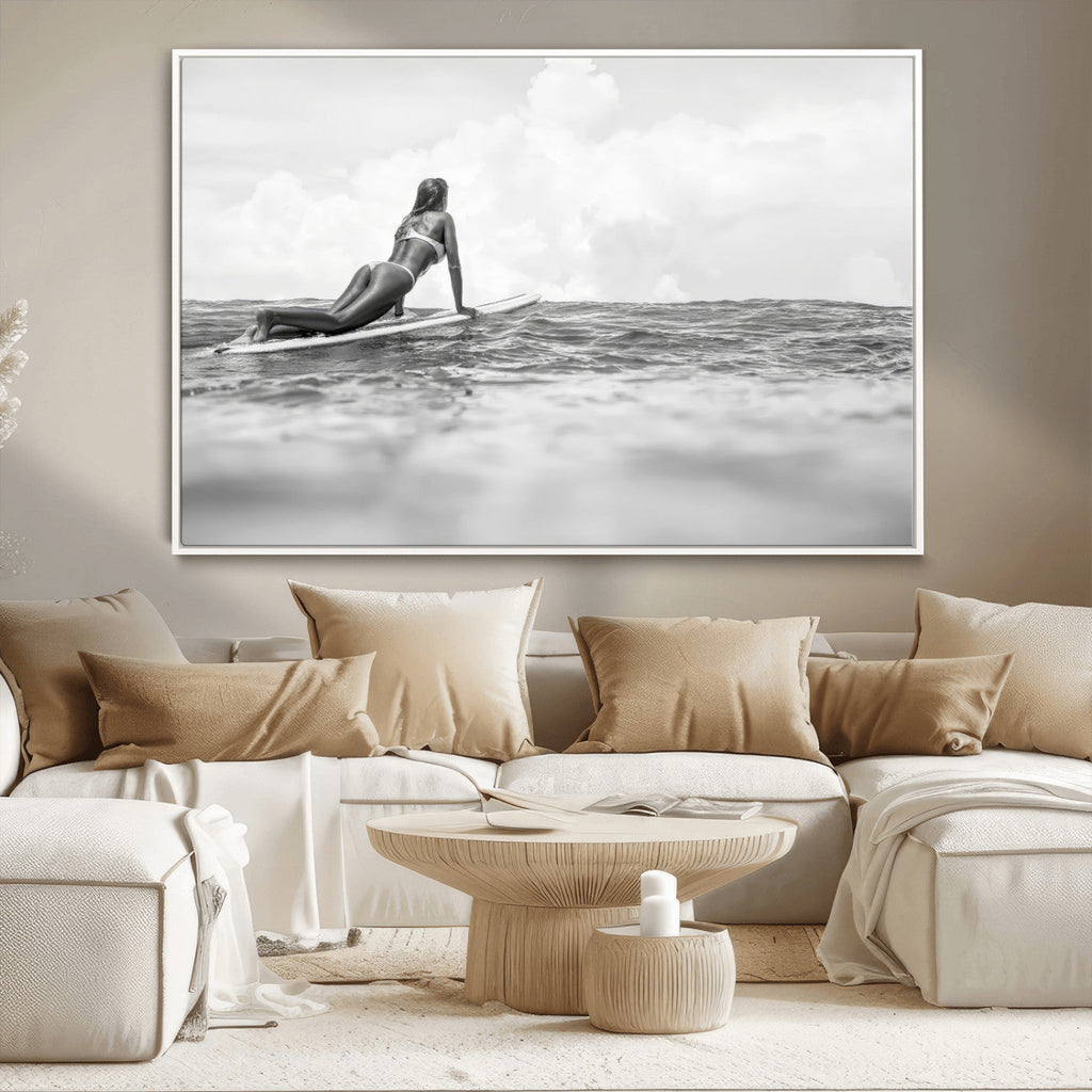 Black and White Surfing Wall Art Canvas Print, Framed Ocean Horizon Surfer Girl