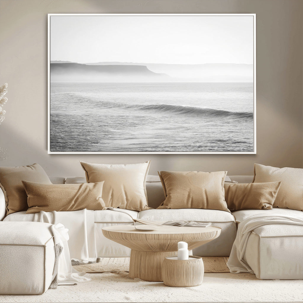 Black and White Seascape Wall Art Canvas Print, Framed Misty Ocean Waves