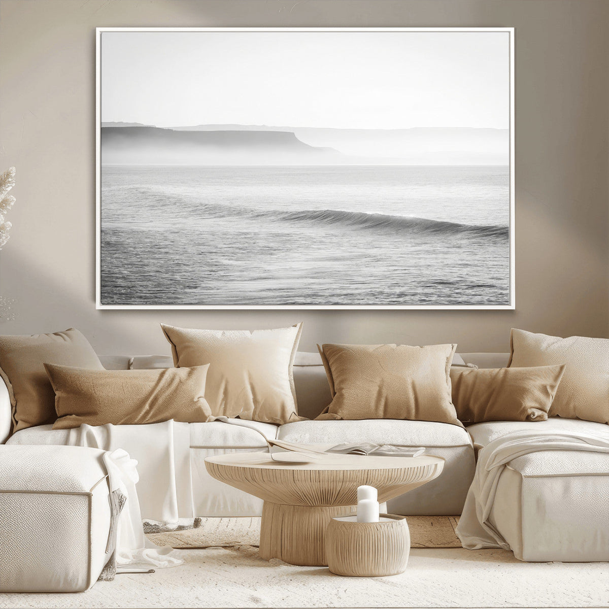 Black and White Seascape Wall Art Canvas Print, Framed Misty Ocean Waves