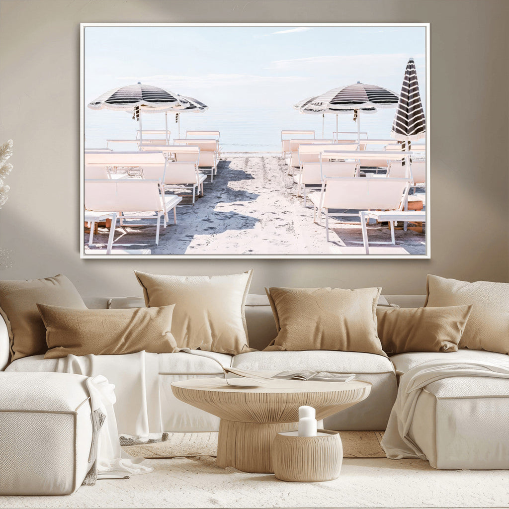 Minimalist Beach Wall Art Canvas Print, Framed Pastel Sand and Striped Umbrella Artwork