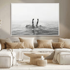 Black White Ocean Wall Art Canvas Print, Framed Monochrome Diving into Water Artwork