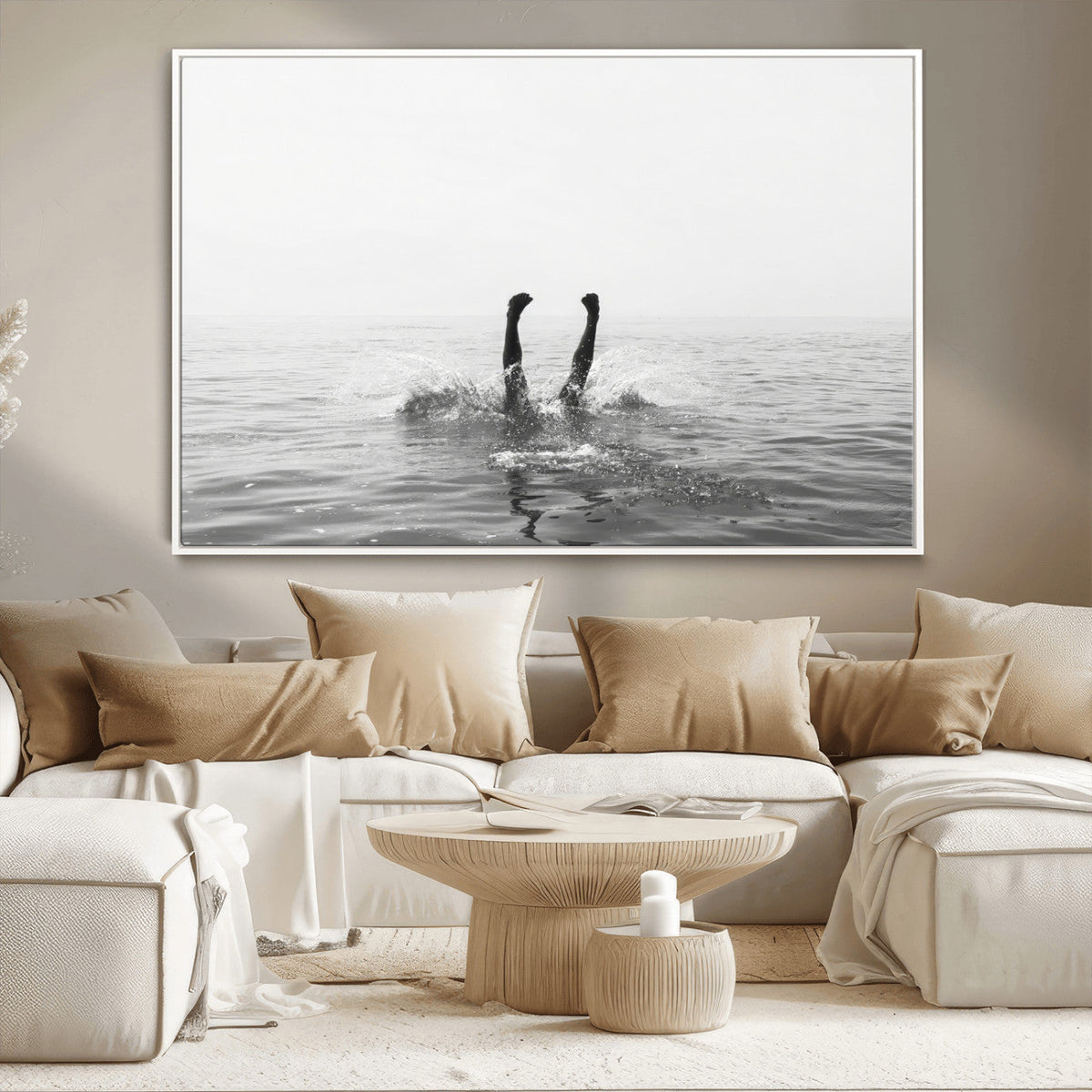 Black White Ocean Wall Art Canvas Print, Framed Monochrome Diving into Water Artwork