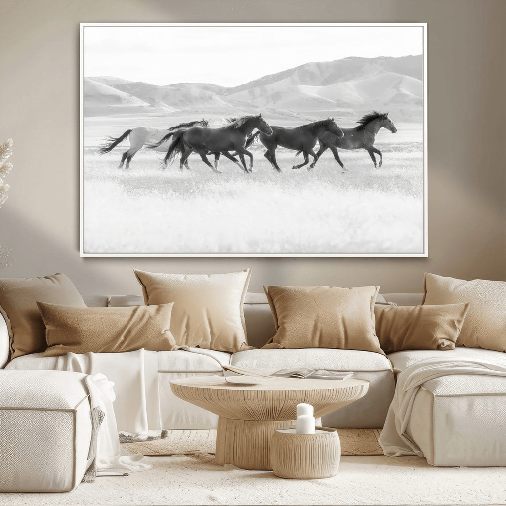 Wild Horses Running Wall Art Canvas Print, Framed Black White Mustangs Artwork
