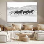Wild Horses Running Wall Art Canvas Print, Framed Black White Mustangs Artwork
