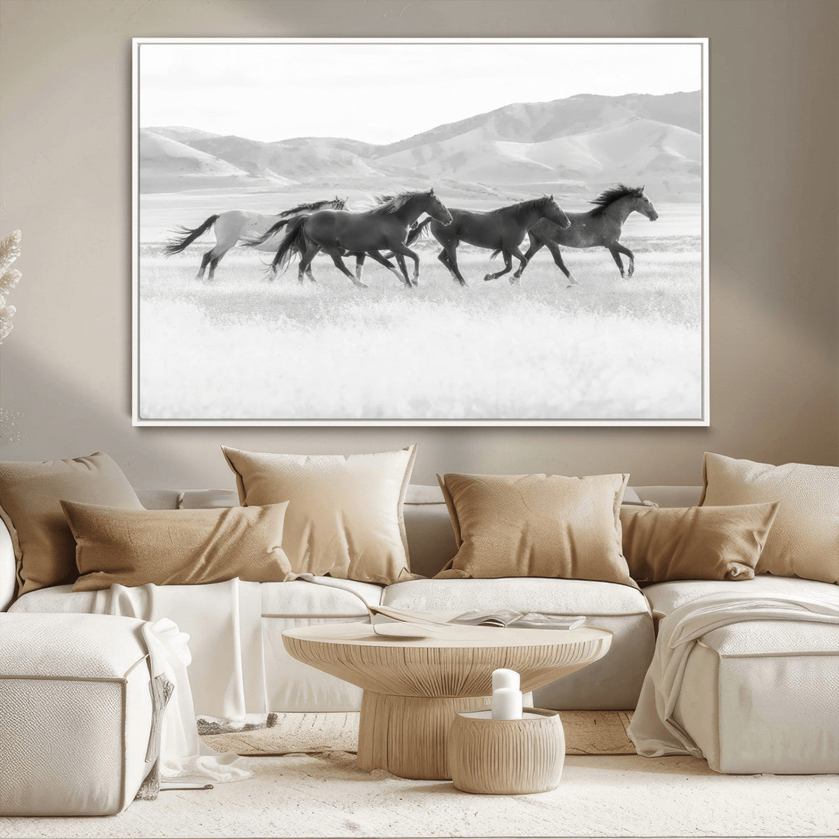 Wild Horses Running Wall Art Canvas Print, Framed Black White Mustangs Artwork